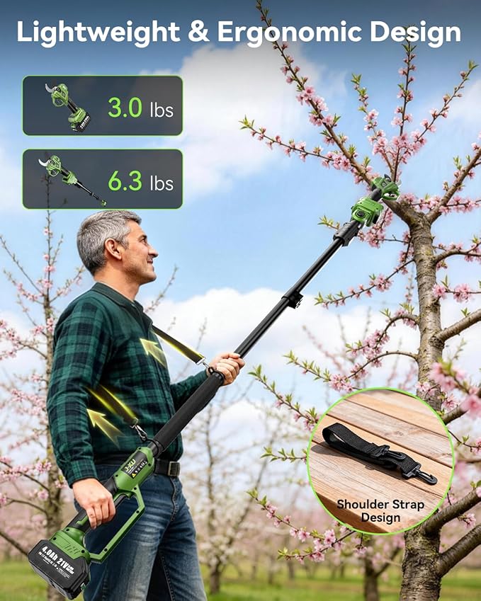 J-KU Electric Pruning Shears Cordless: 2-in-1 Electric Tree Pruner with Extension Pole, 21V 2×4000mAh Battery Powered, 1.4" Cutting Diameter, Brushless Pole Pruner Branch Cutter for Tree Trimmer