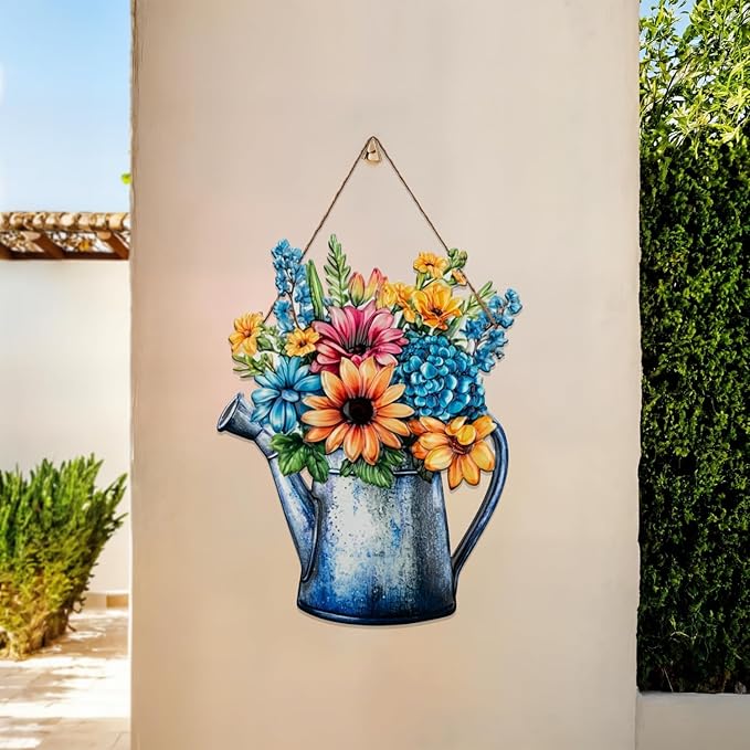 Quterhero Watering Can Flower Wall Decor, Metal Hanging Art for Indoor Outdoor Wall or Porch, Vintage Farmhouse Porch Decor Gift for Mom, Women, Friends(Chrysanthemum)