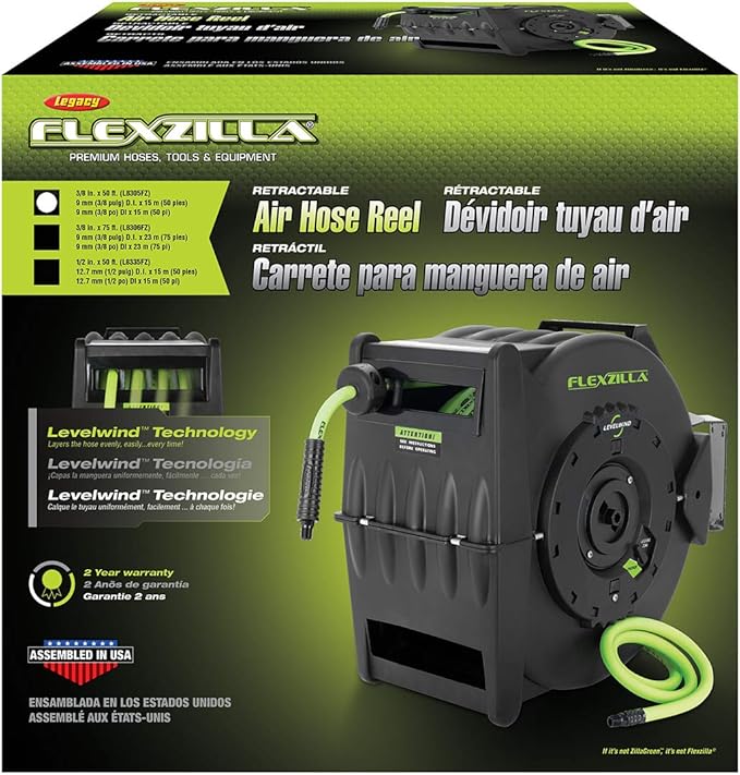 Flexzilla Pro Levelwind Retractable Air Hose Reel, 3/8 in. x 50 ft., Heavy Duty, Lightweight, Hybrid, ZillaGreen - L8305FZ