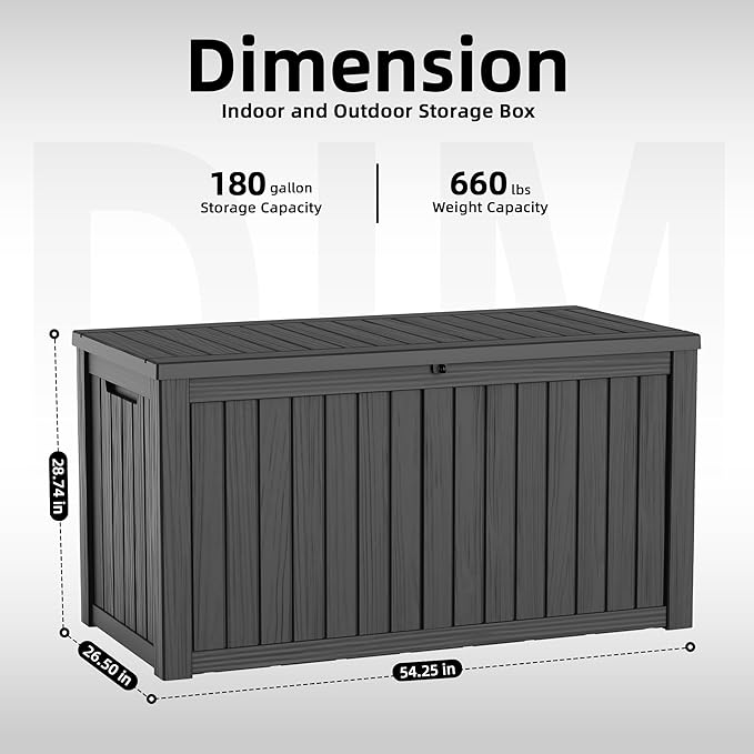 ROJIK 180 Gallon Waterproof Outdoor Deck Storage Box, Lockable Resin Patio Storage Bin with Lid for Garden Tools, Patio Cushions & Outdoor Accessories(Grey)