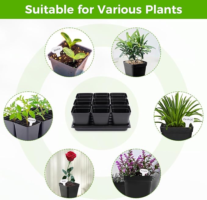Seed Starter Tray Kit 3.5" Square Nursery Pots Trays 50 Pcs 9 Cell Seed Starting Pots with Drainage Holes 5 Seed Starting Trays 20 Plant Labels, Planting Tools and 1 Pen Planter Nursery Propagation