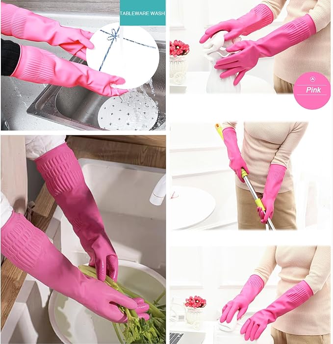 Bamllum 3 Pairs of Rubber Dishwashing Gloves for Kitchen and Household Cleaning – Long Cuff 15", Reusable, Flexible Long-lasting and Non-Slip (Red+Yellow+Green, Medium) (Pack of 2)