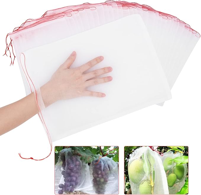 Kikhope 50 Pcs Fruit Protection Bags, 14"x10" Fruit Netting Bags, Garden Netting Bags with Drawstring, Fruit Tree Bags, Netting Barrier Bags for Protecting Fruits and Vegetables