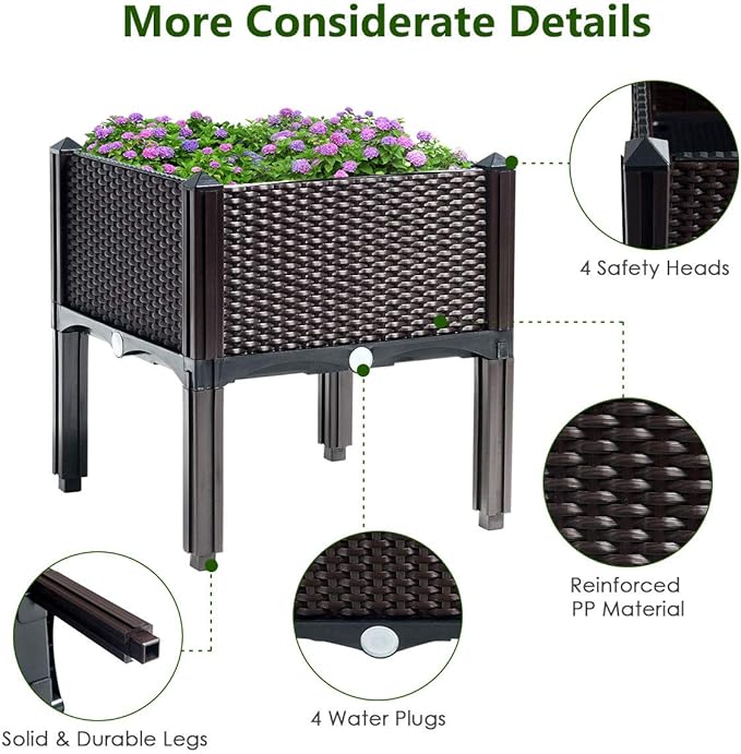 S AFSTAR Raised Garden Bed Kit, Set of 4, Elevated Planter Boxes with Self-Watering Design & Removable Legs, Outdoor Plastic Planter Box for Patio Yard Balcony Gardening, Rattan Pattern (Brown)