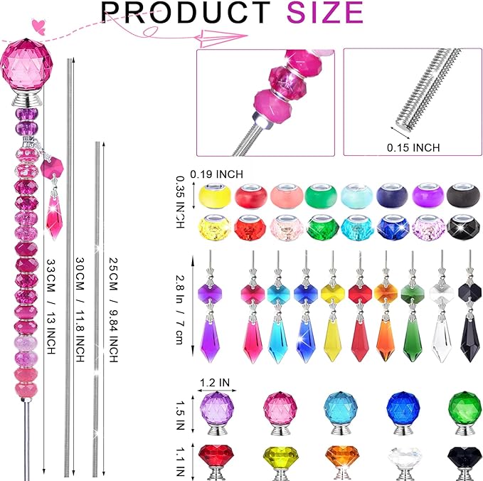 300 Pcs DIY Fairy Wand Beaded Garden Stakes Kit, Fairy Wands Garden Kit Colorful Large Hole Bead with Pendants Crystal Stopper Top Threaded Rod Beaded Garden Stakes Supplies for Outdoor Decorative