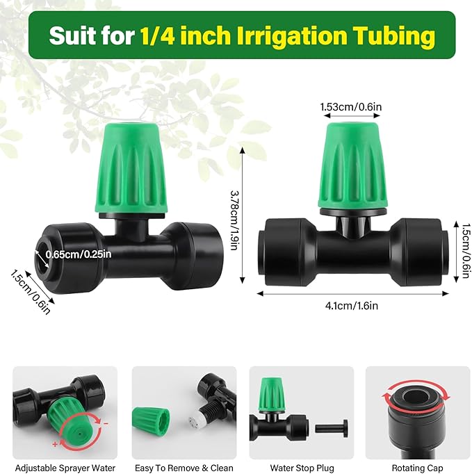 Kalolary 30Pcs Push-to-Fit Drip Irrigation Spray Emitters for 1/4" Tubing,Three-Way Adjustable Atomizing Nozzle Micro Irrigation Dripper Sprinklers with 6PCS End Plugs for Irrigation System(Green)