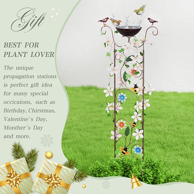Bird Bath for Outside - Antique Iron Bird Bath with Trellis,Detachable Decorative Hummingbird Bowl,Metal Plant Support for Climbing Flowers,Elegant Outdoor Garden Feature (Honeybee)