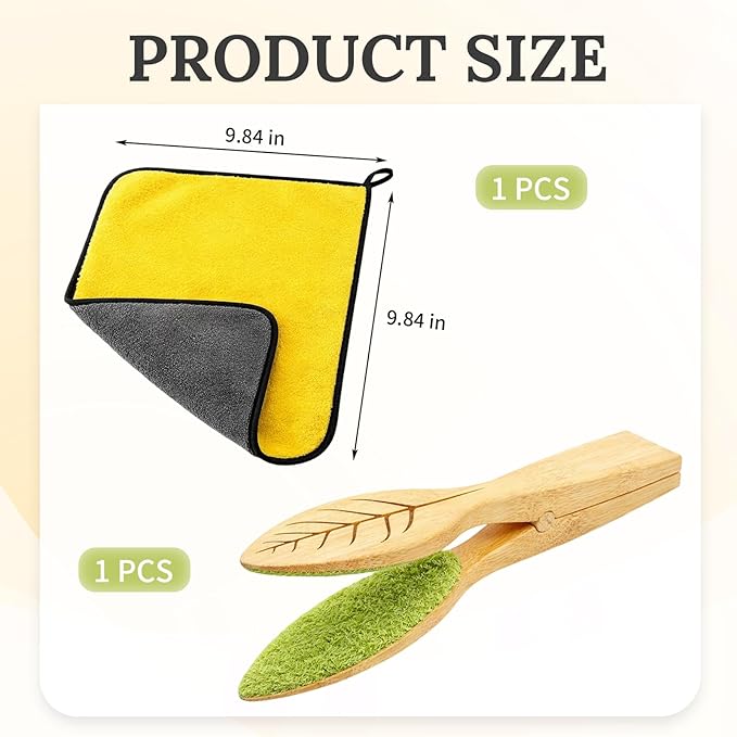 Leaf Cleaning Tongs, Plant Leaf Cleaner, Plant Duster and Leaf Cleaner for House Plants, Gentle Dust Removal Tool for Indoor Plants, 2-Piece Set with Cleaning Brush and Towel