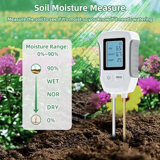 3 in 1 Soil Tester, Ph, Humidity and Temperature Measurement, Backlit Display, 10 Second Test Time, Suitable for Gardening, Lawn, Agriculture, Battery Not Included