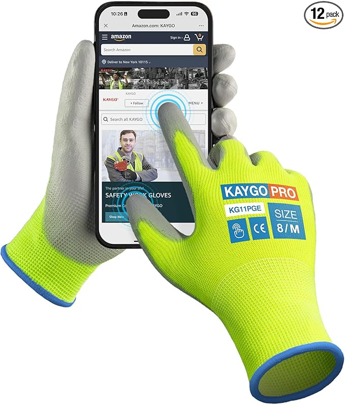 Work Gloves PU Coated for Men and Women, 12 Pairs Safety Work Gloves with Two Fingers Touchscreen, Breathable and Lightweight,Ideal for Light Warehouse, Manufacturing, Gardening, KG11P (M,Green)