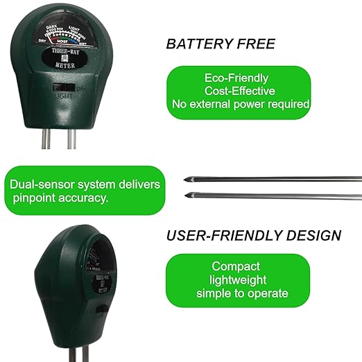 Soil Probe All-in-One pH/Moisture/Light Tester Digital Plant Care Soil Meter for Garden, Lawn, Farm, Indoor & Outdoor Use Promotes Healthy Plant Growth (Green ST-01) (Black)