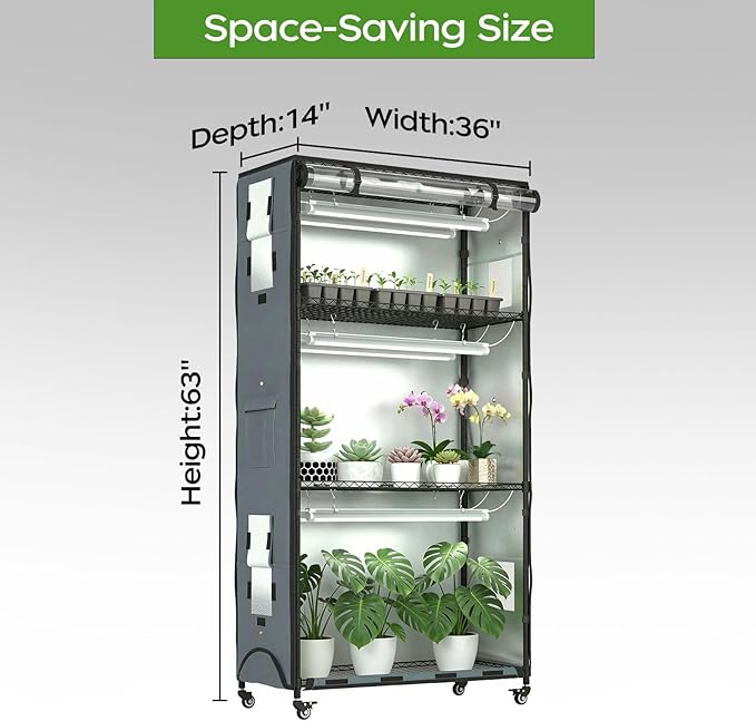 Indoor Greenhouse with Grow Light, 4-Tier Enclosed Plant Stand for Year-Round Indoor Gardening, 600D Oxford Cloth Cover, 6 Sets 3-Color Grow Light, Timer Plug & Hygrometer, 36" Wx 14" D x 63" H