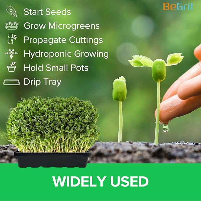 BeGrit 1010 Growing Trays Extra Strength Seed Tray 10" x 10" Without Drain Holes for Seedling Starter Microgreens Wheatgrass Fodder Hydroponic 5-Pack Black