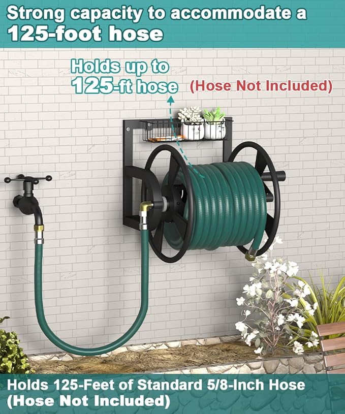Garden Wall Mounted Hose Reel, Outdoor Heavy-Duty Water Hose Holder Winder, Holds 125 Feet of 5/8-Inch Hose, with 3.9 ft Leader Hose, Brass Fitting and Storage Basket for Yard, Black
