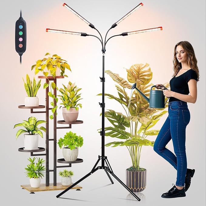 FECiDA Gamechanger! 36 Watt Power Draw, NO Need Adapter, 4Head Grow Light with Tripod Stand, 2026 Big Coverage LED Grow Lights for Indoor Tall Plants, Bonsai Tree, 4/8/12/16/20H Timer