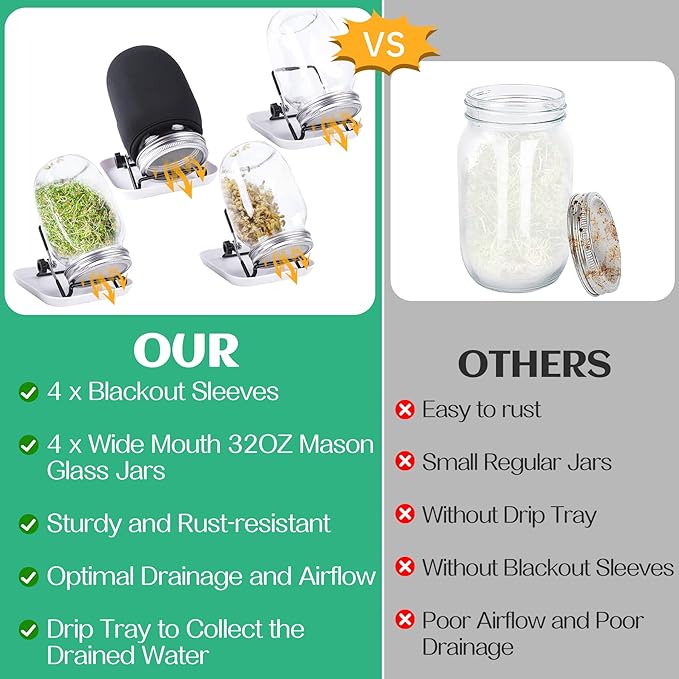 Kikerike Seed Sprouting Jar Kit with 4 Wide Mouth Mason Jars Bean Sprouts Growing Kit Microgreens Growing Jar with Mesh Screen Lids Sprouter Sprouts Maker for Growing Broccoli, Alfalfa, Mung Bean
