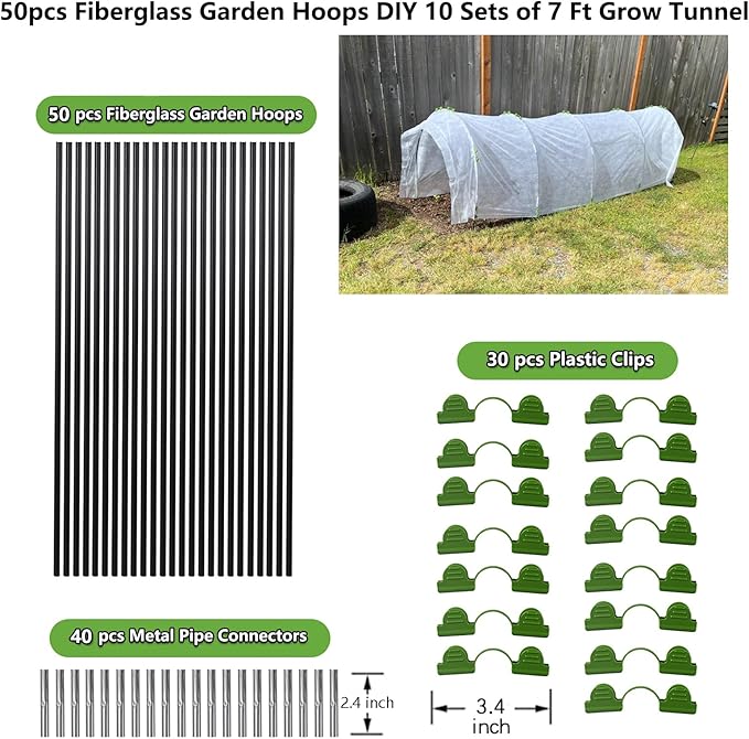 Greenhouse Hoops Grow Tunnel, 10 Sets of 7FT Garden Hoops for Raised Beds, Rust-Proof Fiberglass Frame for Garden Netting, Greenhouse Kit, Plant Shade Cloth, Plant Row Cover, 50 pcs