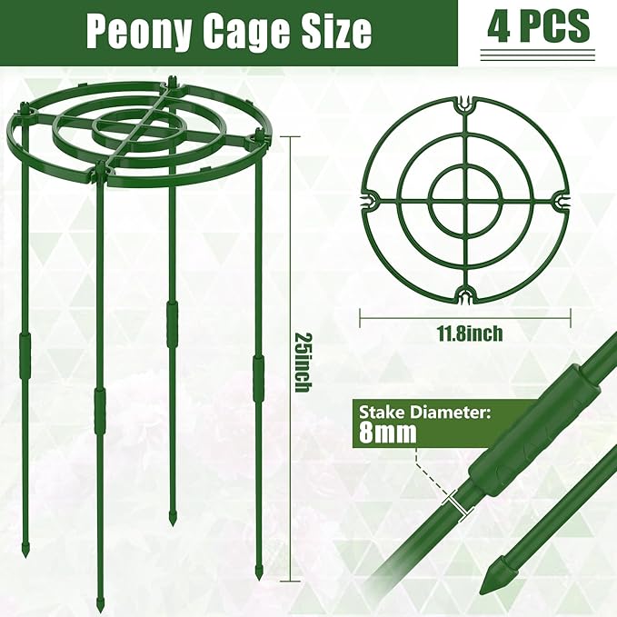 4 Pack Peony Cages and Supports, 11.8" D x 25" H Tall Plastic Plant Supports for Outdoor Plants, Peony Support Cage Flower Support Rings, Plant Support Ring for Rose Tomato Hydrangea Strawberry