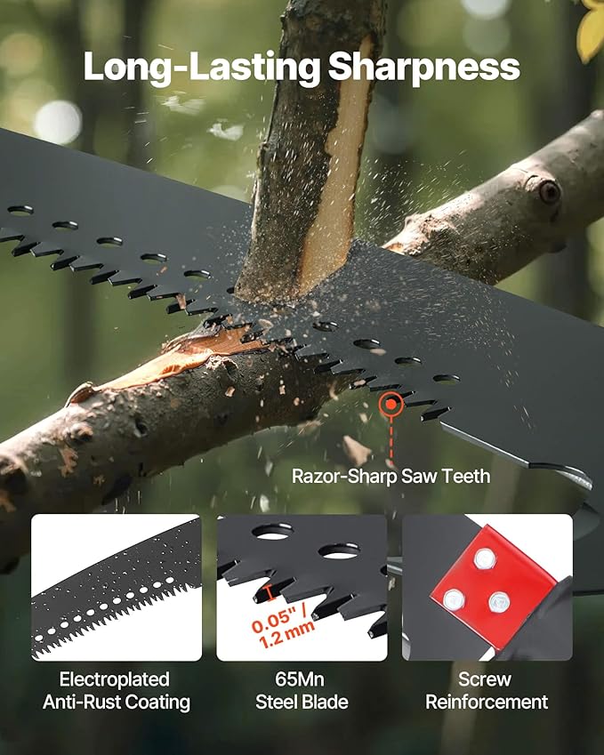 VEVOR Manual Pole Saw, 3.87-27 ft Extendable Pole Tree Pruner, Sharp 65Mn Steel Blade, Lightweight Fiberglass Handle Pole, Double-Hook Saw for High Branch Trimming, Pruning Tool for Palms, Shrubs