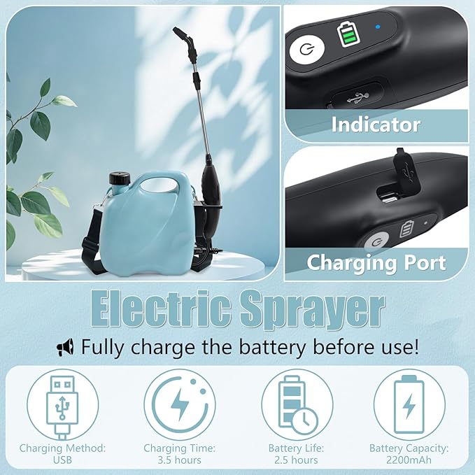 Battery Powered Sprayer 1.35 Gallon, Electric Garden Sprayer in Lawn with 3 Mist Nozzles, USB Rechargeable Handle, Retractable Wand, Yard Pump Sprayers with Adjustable Shoulder Strap for Plants
