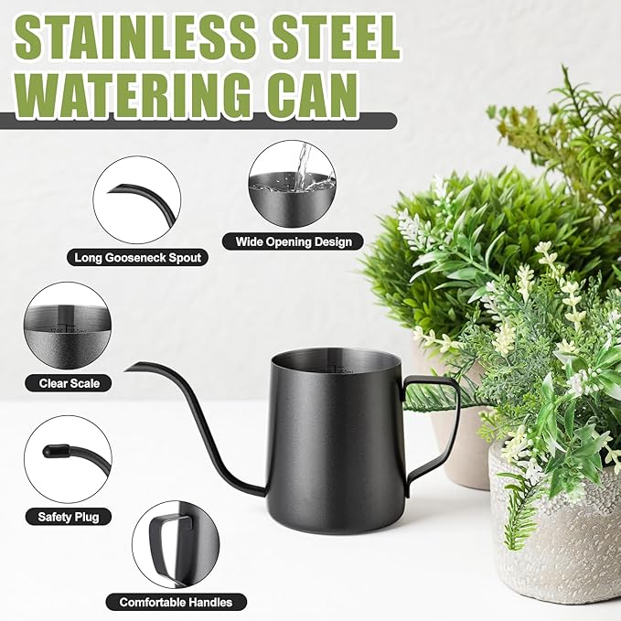 2 Pcs Small Watering Can for Indoor Plants, 12 Oz/350 ml Mini Plant Watering Pot with Long Spout and Scale 304 Stainless Steel Tiny Watering-can for Outdoor Indoor Plants Garden(Black)