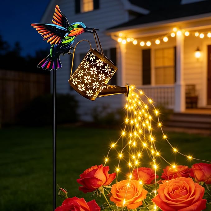 Solar Watering Can Lights, Waterproof Garden Lanterns with Shepherd Hook, Butterfly Hanging Lanterns Decor for Patio Yard Lawn Walkway, Perfect Gardening Gift for Women Mom Grandma (Hummingbird-B)