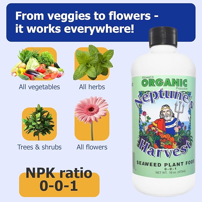 Neptune’s Harvest Seaweed Plant Food (0-0-1) - 16oz Pint - Multi-Purpose Seaweed Organic Liquid Fertilizer - Indoor & Outdoor Plant Fertilizer for Lawns, Gardens, Vegetables, & Flowers
