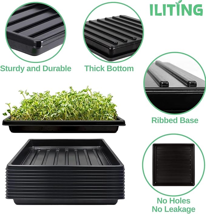 Plant Growing Trays for Seedlings Microgreen Seed Starter Shallow Plants Tray Drip Tray Standard 1010 Tray no Holes 5 Pack Black 10.7 x 10.7 inches Square Trays