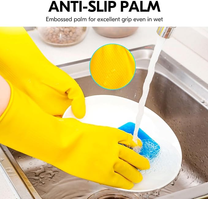 Vgo... 3-Pairs Reusable Household Gloves, Rubber Dishwashing gloves, Extra Thickness, Long Sleeves, Kitchen Cleaning, Working, Painting, Gardening, Pet Care (Size L, Yellow, HH4601)