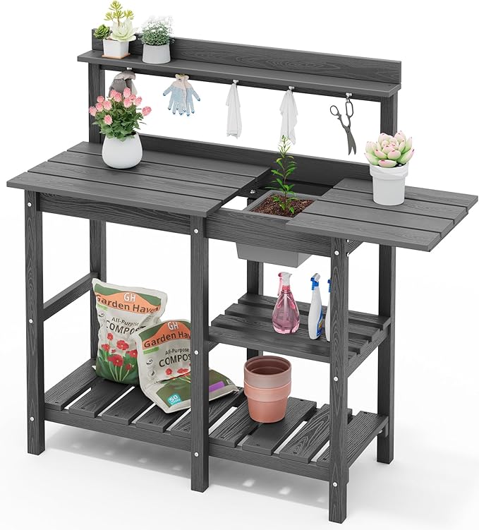 SERWALL Outdoor Potting Bench 2-Piece Set, Rot-Resistant HDPE Potting Table with Removable Sink for Outside Gardening, All-Weather Use - Gray