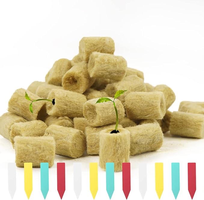 YBB 50 Pcs Round Rockwool Starter Plugs, 0.7 x 1 Inch Rockwool Grow Plugs Hydroponics Grow Media Seed Starter Kit Indoor with 60 Pcs Labels
