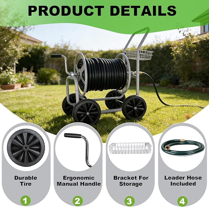 Hose Reel Cart, 300FT of 5/8’’ Hose, Heavy-Duty Water Hose Cart with 4 Wheels, Storage Basket, Portable Water Hose Organizer for Outside Yard, Outdoor Planting Tool (Sliver)