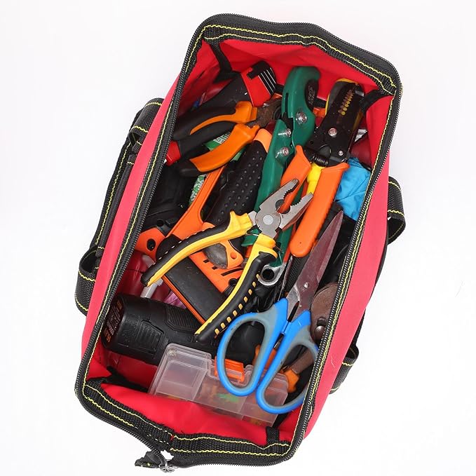 Sanwuta 3 Pack Tool Bag for Men with Waterproof Hard Bottom, Heavy Duty Tool Bag Wide Mouth Tote for Various Instrument, Electrician Carpenter Mechanic(Red, Army Green, Blue,18 Inch,Classic)