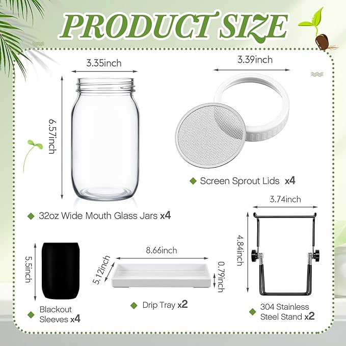 LemonRoad 18 Pcs Seed Sprouting Kit with 4 1000 ml Mason Jars and Blackout Sleeve, 4 Separate Bracket 316 Stainless Steel Screen, 2 Drain Tray Grow Organic Broccoli, Alfalfa, Mung Bean Sprouts