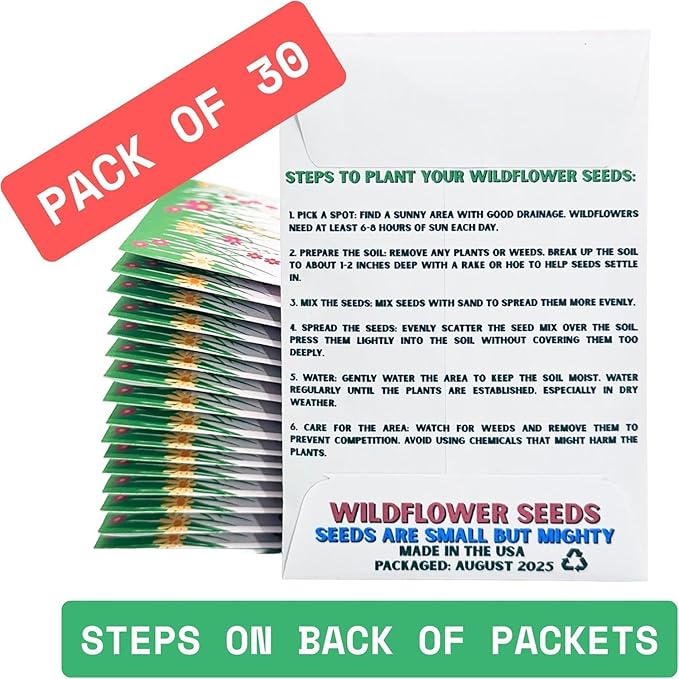 Wildflower Seed Packets Bee Kind Party Favors (Pack of 30) - Bee Friendly & Pollinator Wildflower Seed for Planting Gardening (Save The Bees Pink)