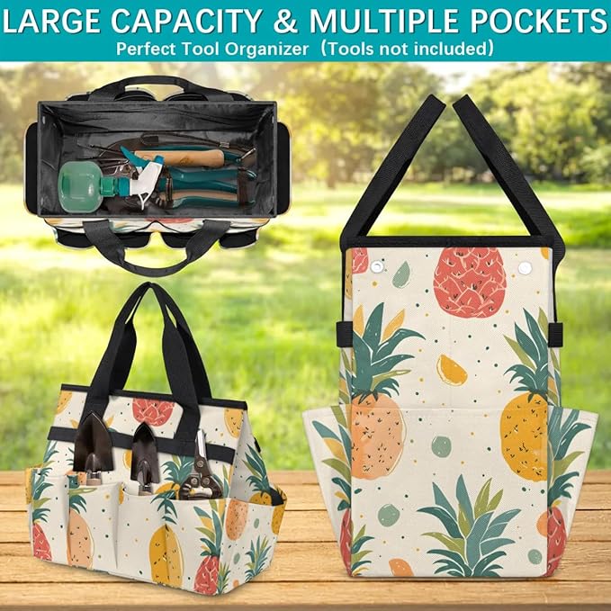 Garden Tool Bag Organizer Garden Tote Bag with Pockets Watercolor Fruit Pineapple Tool Storage Organizer Gardening Tool Kit Holder 13" x 6.8" x 2.8"