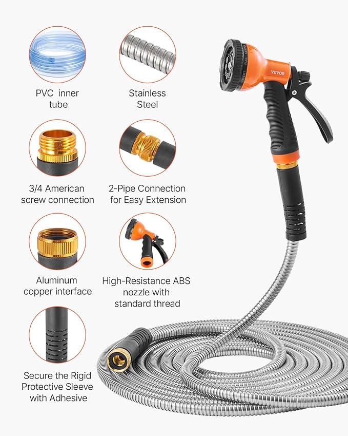VEVOR Metal Garden Hose 25 ft, Rust Proof Stainless Steel Water Hose, Heavy Duty Backyard Hose with 10 Function Nozzle, No-Kink & Flexible Water Pipe, Lightweight Metal Hose for Yard, Outdoor
