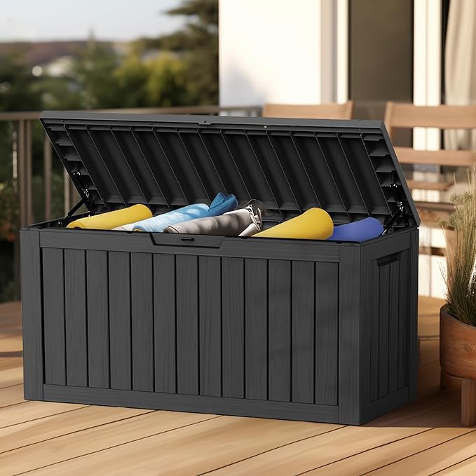 EasyUp 90 Gallon Outdoor Storage Box Waterproof, UV Resistant Resin Deck Box with Hydraulic Rod, Reinforced Stability for Patio, Garden, Striped Black