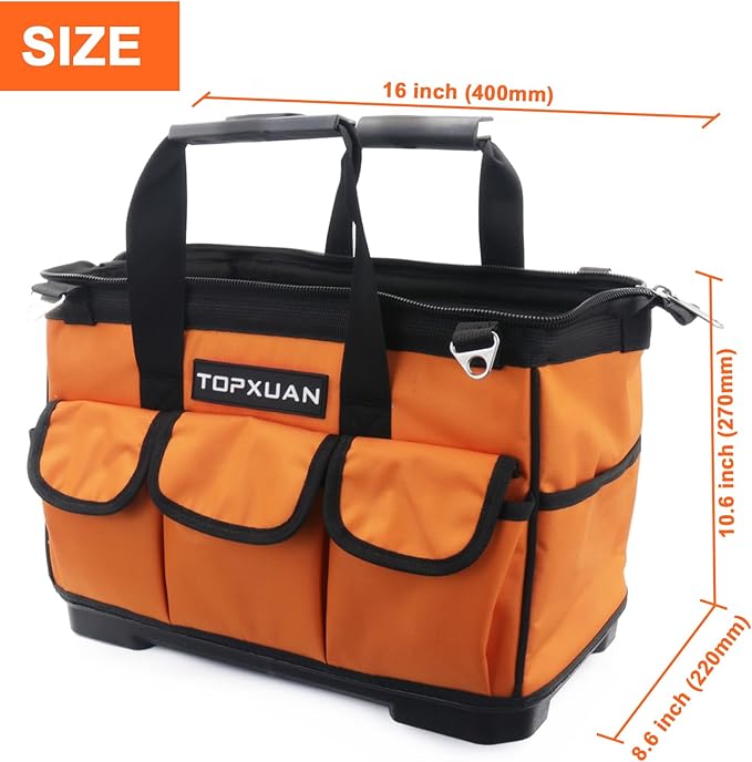 16 Inch Heavy Duty Tool Bag - Molded Plastic Base, Waterproof 900D Oxford Cloth, 16 Pockets Wide Mouth Tool Organizer with Shoulder Strap for Power/Hand Tools (Orange)
