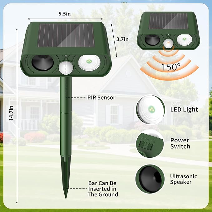 Solar Ultrasonic Animal Repellent, Cat Repellent Outdoor with Motion Detection Waterproof, Deer Repellent Devices Squirrel Skunk Rabbit Dog Raccoon Bird Deterrents Animal Repeller for Yard, 2 Pack