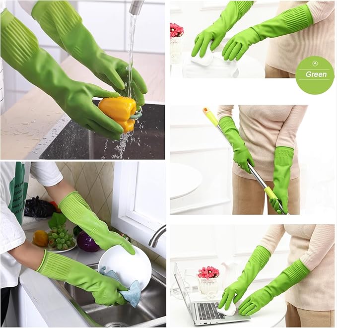 Bamllum 3 Pairs of Rubber Dishwashing Gloves for Kitchen and Household Cleaning – Long Cuff 15", Reusable, Flexible Long-lasting and Non-Slip (Red+Yellow+Green, Medium) (Pack of 2)