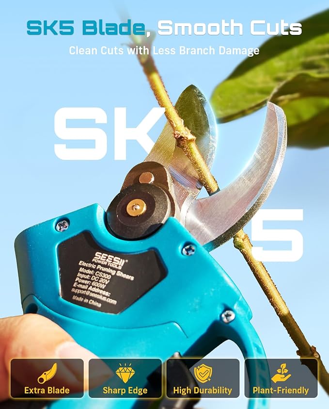 SEESII Electric Pruning Shears for Garden: 1.2" Cutting Diameter Cordless Power Pruner, 2*2000mAh Batteries, Brushless Motor, Extra SK5 Blade, 2 Modes Battery Powered Branch Cutter for Tree Trimming