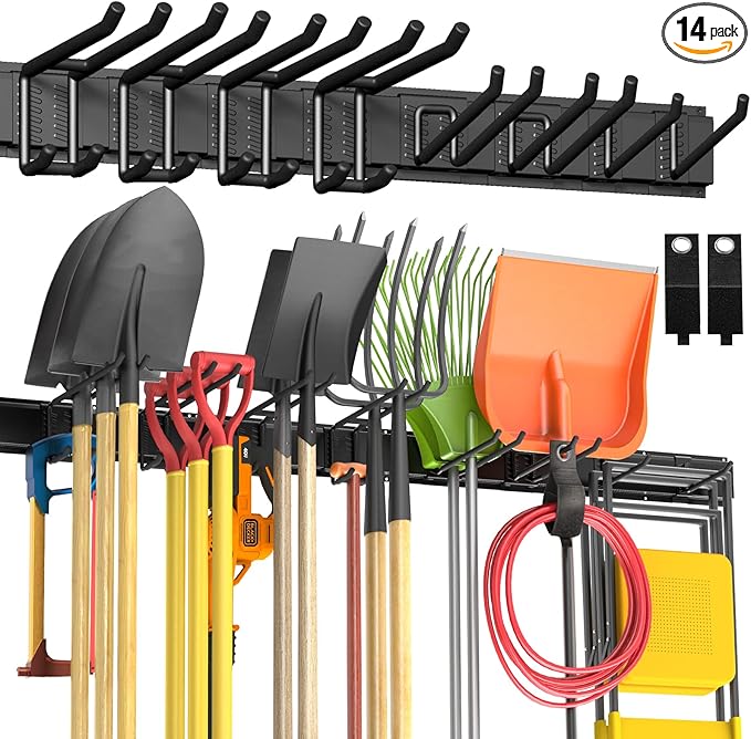 Garage Tool Organizer Wall Mount, 64" Heavy-Duty Metal Wall Organizer, 4 Rails with 8 Adjustable Hooks, Garden Storage Rack for Organization, Sturdy Tool Hanging Holder for Shovel Shed Yard
