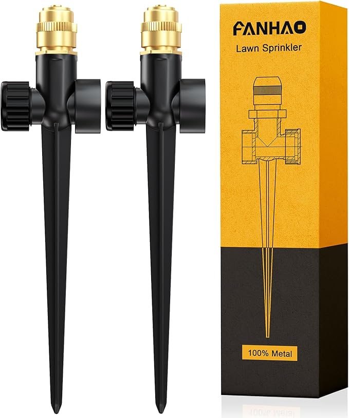 FANHAO Metal Lawn Sprinkler for Yard, 2 Pack Automatic Garden Water Sprinkler on Spike Base, Adjustable Brass Sprinkler Nozzle 360 Degree Large Area Coverage for Lawn Grass Patio Garden Irrigation