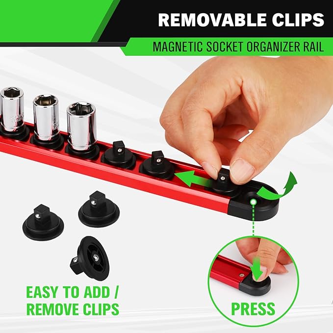 1/4-Inch Magnetic Socket Organizer Rail, Aluminum Alloy Socket Rail, Heavy Duty Sockets Holder with 14 Clips, 360° Swivel Clip Tool Tray, Sockets Organizer for Tool Box Drawer (Red)