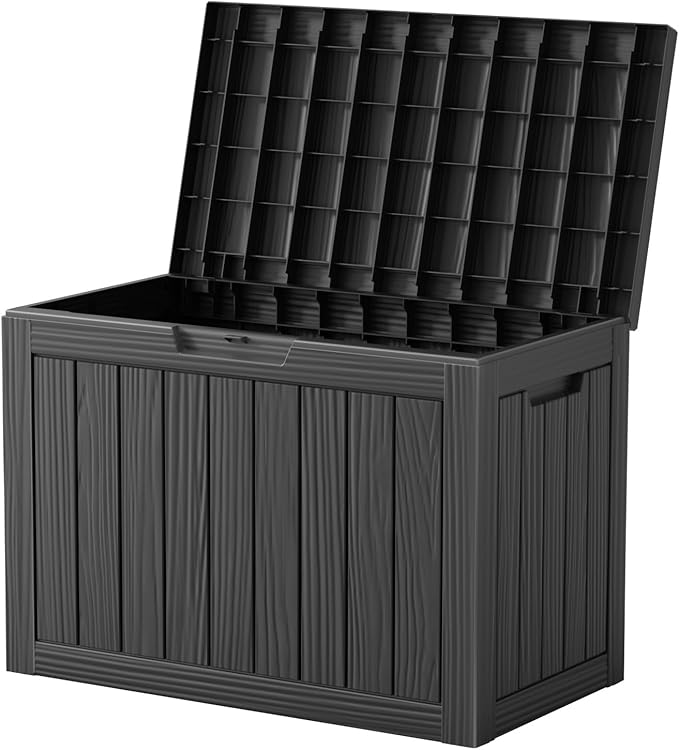 Vixzen 45 Gallon Resin Deck Box, Lockable Outdoor Storage Box for Patio Cushions Storage Furniture,Garden Tools, Pool Supplies, Weatherproof and UV Resistant（Black，45 Gallon）