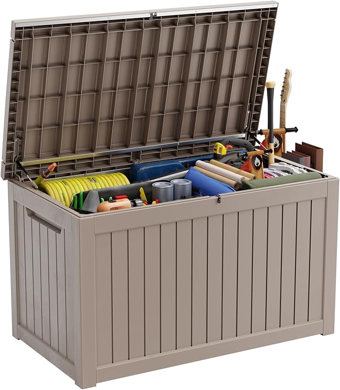 281 Gallon Large Resin Deck Box, Lockable Outdoor Storage Box for Patio Cushions Storage Furniture,Garden Tools, Pool Supplies, Weatherproof and UV Resistant (Grey)