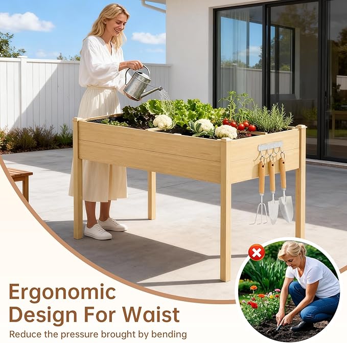 Acenova Raised Garden Bed Outdoor, 48 x 24 x 30 Inch Elevated Wooden Garden Bed with Legs and Liner, Raised Beds for Gardening with Grow Bag and Tool Hook, Planter Box for Patio Backyard Balcony