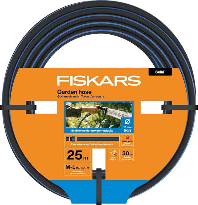 Fiskars Garden Hose M-L, Solid, Water Hose for Manual Watering, 13 mm (1/2 Inch), Length: 25 m, Universal Connection, UV-Protected, Frost-Protected, Torsion-Resistant, Blue, 1076060