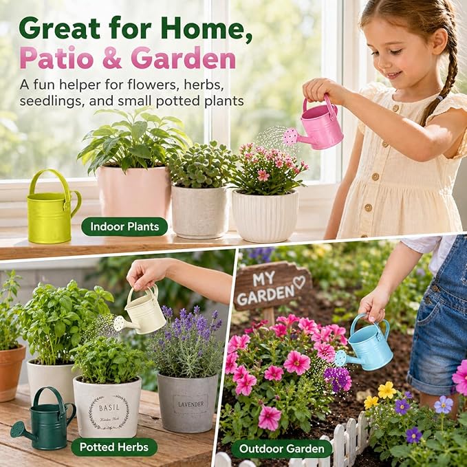 DECHOUS 5Pcs Small Metal Watering Can for Kids - 6.3x3 Inch Mini Flower Watering Pot for Indoor Plants, Assorted Colors, Small Sprinkling Kettle for Home Garden Outdoor